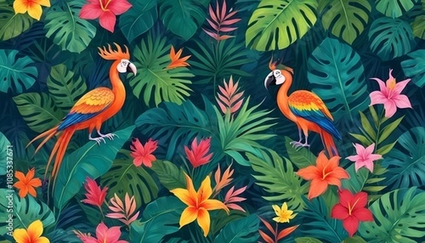 Fototapeta Tropical exotic pattern with animal and flowers in bright colors and lush vegetationn