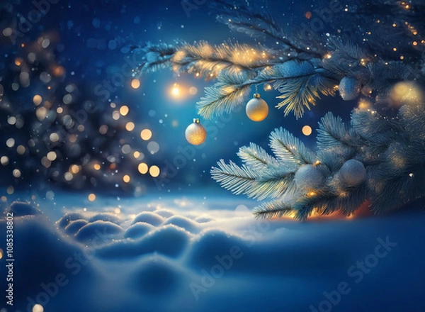 Fototapeta A snow-covered winter scene with a glowing, frosted tree branch adorned with ornaments.  Warm lights illuminate the snowy landscape creating a magical, festive atmosphere.