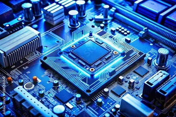 Fototapeta Intricate Close-Up of a Computer Motherboard in Blue Tones Featuring a Prominent Microprocessor, Highlighting Technology and Innovation in Modern Electronics