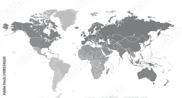 Fototapeta Detailed Outline Map of the World with Regions Highlighted in Shades of Gray for Educational and Informational Purposes, Ideal for Geography and Travel Related Projects