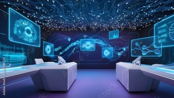 Fototapeta Digital background ideal for technological operations, neural networks, AI, data transmission and encryption, digital archives, audio and visual representations, scientific research
