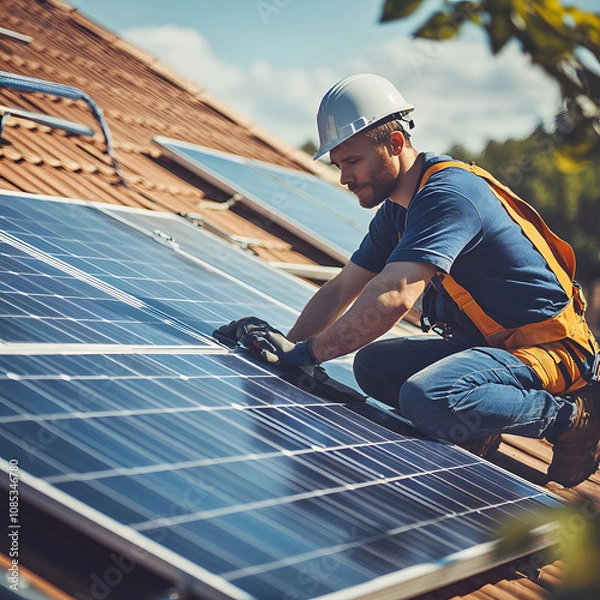 Fototapeta A technician installs solar panels on a roof under clear skies, showcasing renewable energy efforts and modern technology.