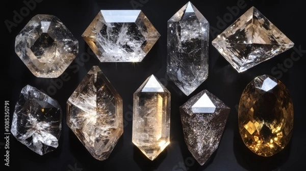 Fototapeta A captivating array of meticulously crafted smoky quartz crystals, showcasing their unique formations 