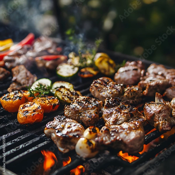 Fototapeta A vibrant barbecue scene showcasing grilled meats and colorful vegetables sizzling over an open flame, highlighting delicious outdoor cooking.