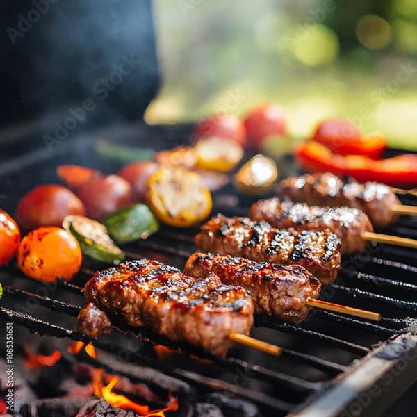 Fototapeta Juicy skewers of grilled meat and colorful vegetables sizzling on a barbecue, creating a delightful outdoor cooking scene.