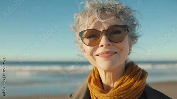 Fototapeta A woman with a scarf and sunglasses is smiling at the camera