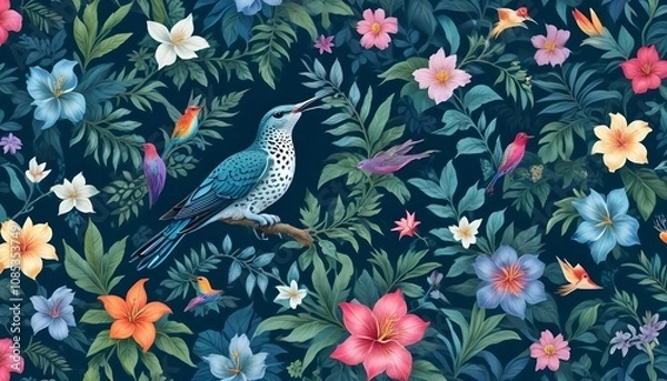 Fototapeta Tropical exotic pattern with animal and flowers in bright colors and lush vegetationn