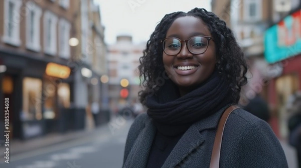 Fototapeta A happy Black woman stands in a London street, smiling warmly while embracing the vibrant urban life