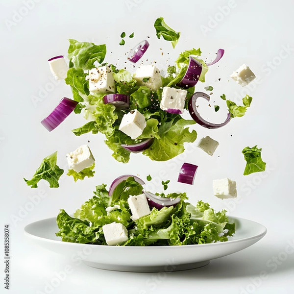 Fototapeta A vibrant salad featuring flying lettuce, onion, and feta cheese, showcasing freshness and healthy eating.