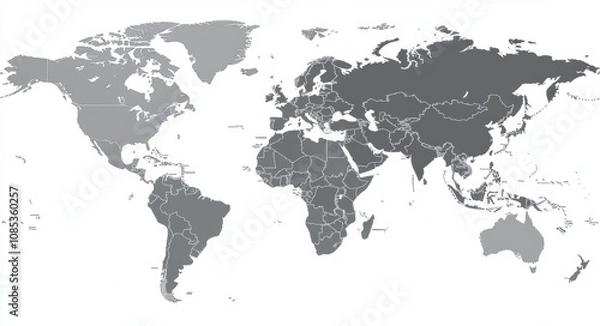 Fototapeta Detailed monochrome world map depicting geographic outlines with prominent continents and countries separated by clearly defined borders for educational or design use.