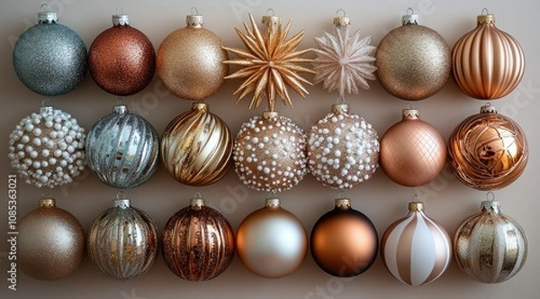 Obraz Elegant Christmas ornaments in gold, copper, silver, and beige tones arranged on a neutral background.