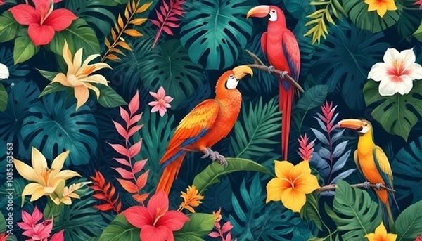 Fototapeta Tropical exotic pattern with animal and flowers in bright colors and lush vegetationn