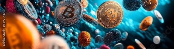 Fototapeta Abstract image of various cryptocurrencies, Bitcoin, Ethereum, and others, swirling in a vibrant digital space