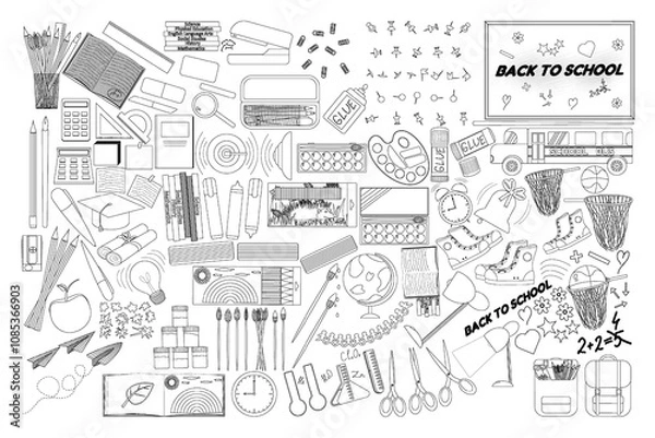 Fototapeta Detailed black and white back-to-school supplies coloring page with various school items for kids to color and learn.