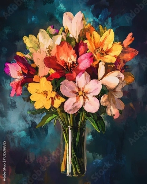 Fototapeta Flowers background with multicolored bouquet of summer flowers oil painting. Generative Ai.
