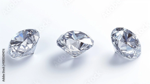 Fototapeta Three sparkling diamonds arranged on a light surface, showcasing their brilliance and cut at a close angle under soft lighting