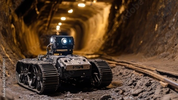 Fototapeta A tracked robot, possibly used for mining or inspection, sits in a dimly lit tunnel. The dark, earthy tones contrast with the robot's metallic gray body, creating a dramatic image.