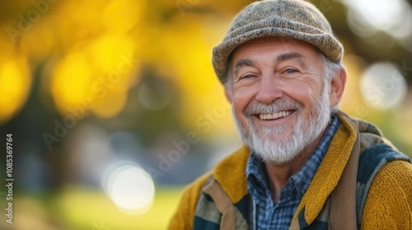 Fototapeta A cheerful older man enjoys a sunny day, radiating happiness and warmth in his expression