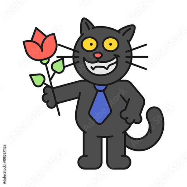 Obraz Black cat holds rose and smiles