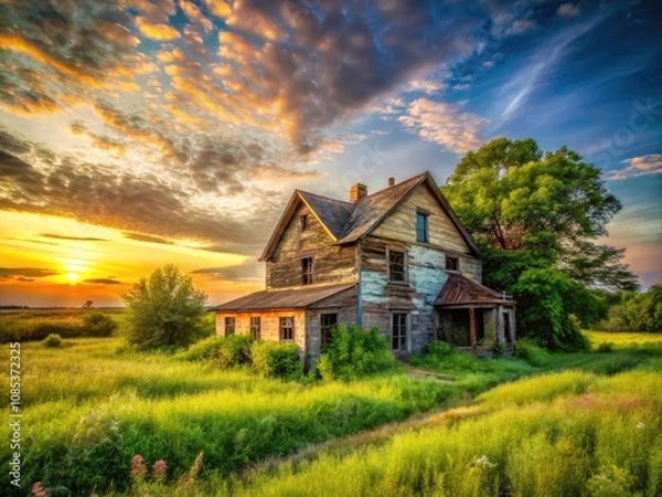 Obraz Abandoned Farmhouse in Overgrown Rural Field - Panoramic View of Rustic Landscape and Decaying Architecture