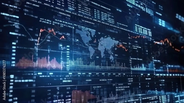 Obraz Abstract digital data visualization with global map and financial charts. Futuristic technology concept with blue and orange color scheme.