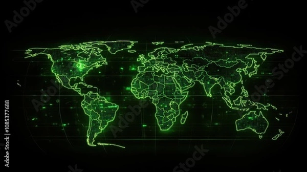 Fototapeta An outline of the globe is created using glowing green lines, creating a futuristic world map