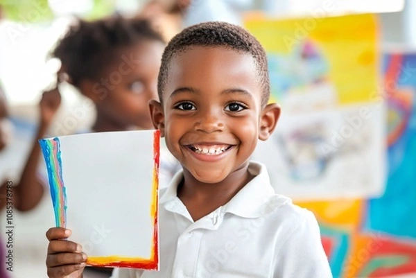 Fototapeta Joyful Child Celebrating Creativity at Art Class with Blank Canvas