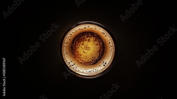 Fototapeta Golden Brew: A close-up shot of a frothy beer, captured from above against a dark background, invites you to savor the moment.  