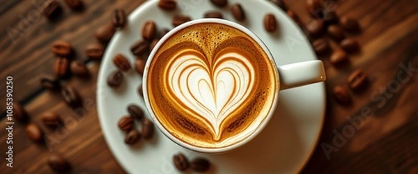 Fototapeta Close-up of Latte Art Coffee with Coffee Beans on Wooden Surface