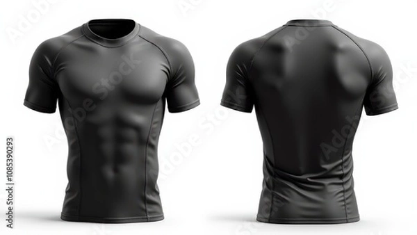Obraz Detailed rashguard mockup template with high-quality texture and stitching details, front and back views isolated on white.