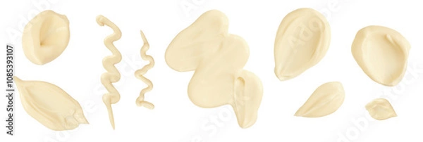 Fototapeta Mayonnaise smears isolated on white. Mayonnaise drop and splash set. Wavy lines of mayonnaise sauce on white. Design element Top view. Flat lay.