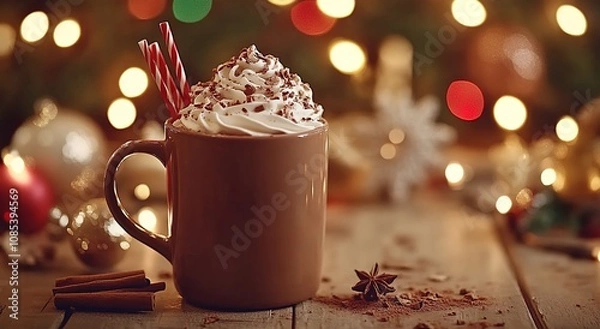 Fototapeta Hot chocolate with whipped cream in a mug, on a wooden table, with Christmas decorations and lights in the background