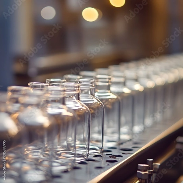 Fototapeta A close-up view of empty glass bottles lined up on a conveyor belt, illuminated by soft lighting, suggesting a production or packaging environment.