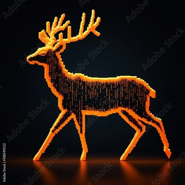 Fototapeta Glowing Orange Digital Deer Pixel Art Abstract Animal 3D Render