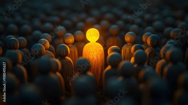 Obraz glowing wooden figurine standing out in a crowd of darker figures, symbolizing leadership, individuality, and inspiration in a group setting.