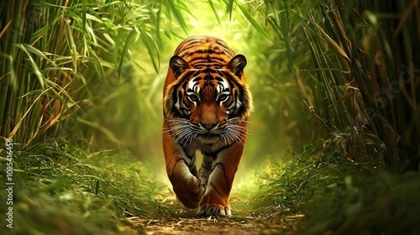 Fototapeta Majestic Tiger Prowling Through Lush Bamboo Forest Habitat