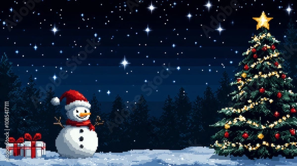 Obraz Pixelated snowman and Christmas tree under starry night sky.