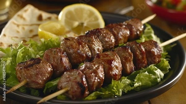 Fototapeta Mediterranean pork souvlaki skewers grilled and served with pita bread, fresh salad, and lemon wedges