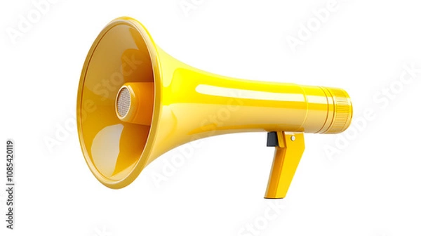 Fototapeta A bright yellow megaphone isolated on a white background, yellow, megaphone, communication, loud, announcement, tool