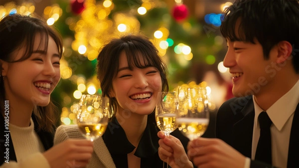 Fototapeta クリスマスパーティーで乾杯する友人たち