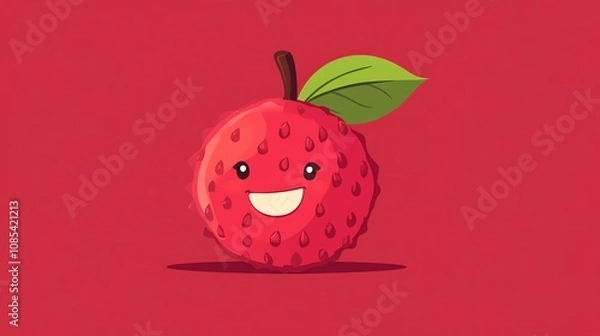 Fototapeta A cute cartoon lychee with a big smile on a red background.