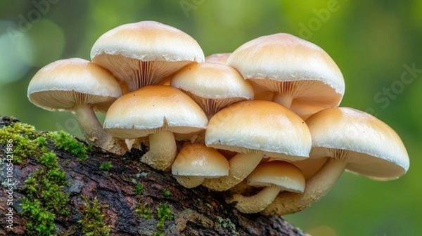 Fototapeta Close-up of a mushroom cluster growing along the bark of an old tree, with rich moss and earthy textures, in soft, natural light