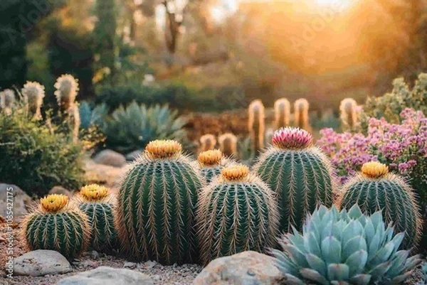 Fototapeta Vibrant Cactus Garden at Sunset with Colorful Flowers and Soft Lighting