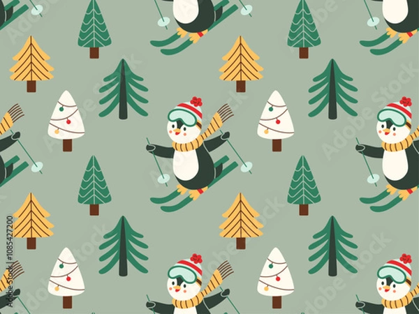 Fototapeta Seamless Christmas pattern with skiing penguins, decorated trees, and snow in flat style. Ideal for holiday wrapping paper, fabric, and winter-themed projects.