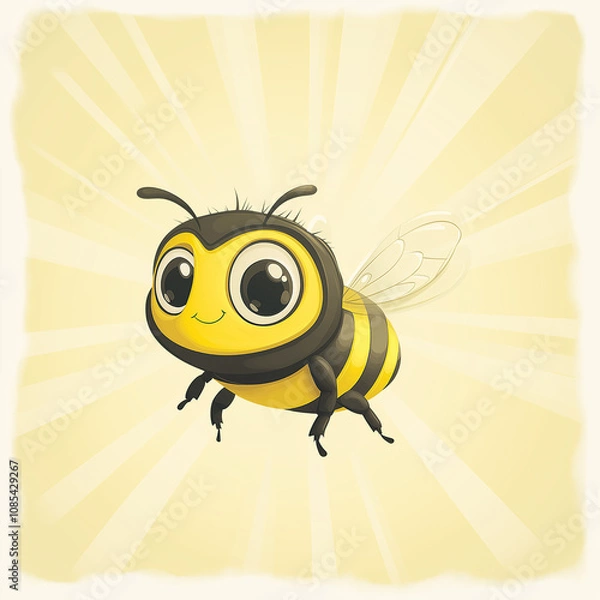 Fototapeta A buzzing, cheerful yellow and black bee in flight with a sunny radiance surrounding it, symbolizing nature and vitality on a clean background.