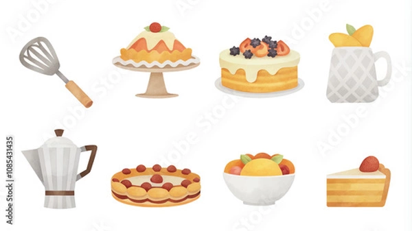 Obraz Set of various desserts on a white background. Vector illustration in cartoon style.