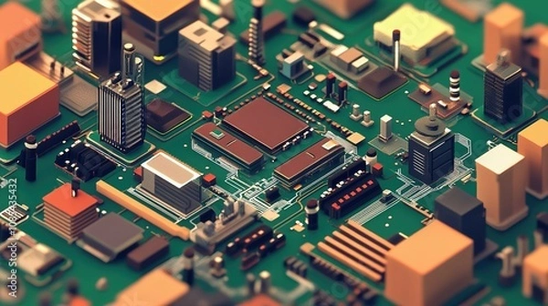 Fototapeta Isometric View of a Small City Designed Like a Circuit Board, Featuring Grid-Like Streets, Buildings, and Network Patterns for a Futuristic and Technological Urban Landscape.