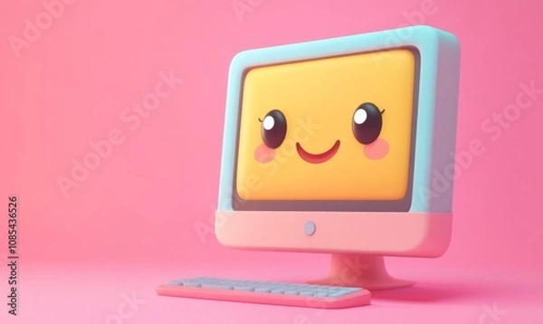 Fototapeta 3D cartoon computer monitor with a cute, smiling face on the screen, tech and friendly
