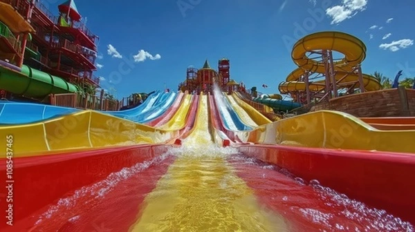 Fototapeta Empty slide with vibrant red and yellow colors, twisting down through a water park, with clear blue skies overhead
