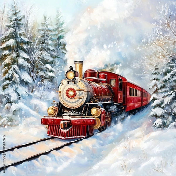Fototapeta A watercolour winter scenery with a red steam train on a track track going through snowy pine trees